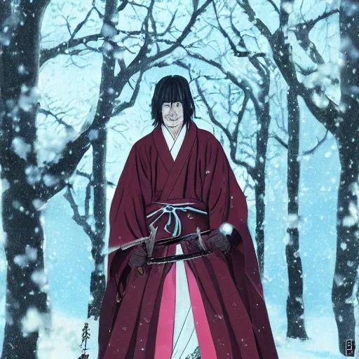 Image similar to detailed portrait of snape samurai with swords, in snow forest sakura cherry blossom, hakama kimono, trending on artstation elite, elegant, luxury, by krenz cushart, junji ito, takato yamamoto, perfect face, fine details, realistic shaded, fine - face, pretty face