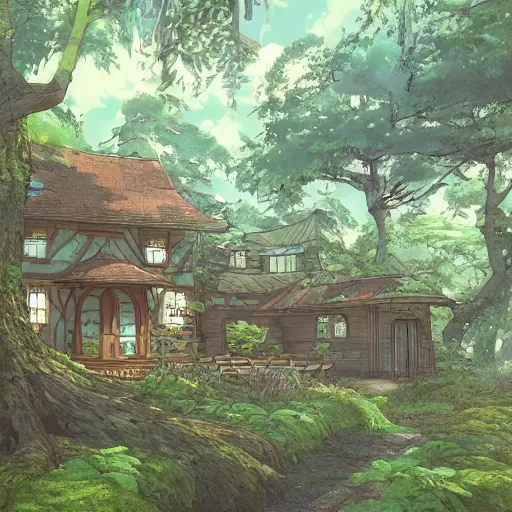 Image similar to beautiful house on a forest path, beautiful ancient trees, hiding large treasure chest, serene evening atmosphere, soft lens, soft light, cel - shading, animation, in the style of cgsociety, deviantart, artstation, zbrush, cinema 4 d, studio ghibli, akihiko yoshida, atelier lulua, masamune shirow, mcbess