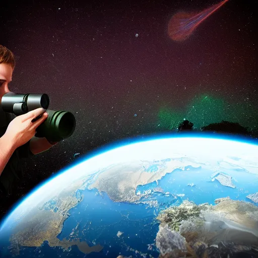 Image similar to an alien floating among the stars watching earth with binoculars, ultra realistic, intricate detail, 4 k photo