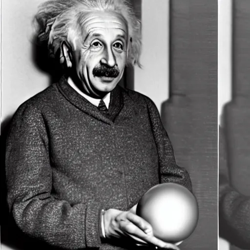 Image similar to einstein holding ( model of atom with metallic spheres ) in his hands, color