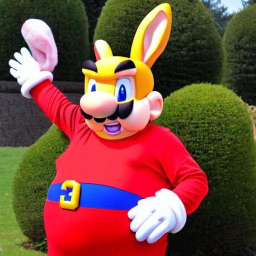 Image similar to real life big chungus dressed like mario, super mario with bunny ears, big chungus, fat bugs bunny, high resolution photo