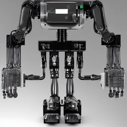 Image similar to chrome industrial robot covered with circuits, photorealistic