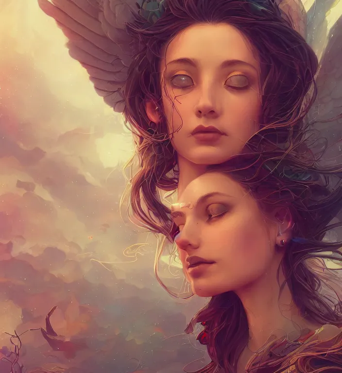 Image similar to centered waist up portrait photography an angel + bokeh + DOF + 8k, photorealistic + rendered in octane + illustration by Peter Mohrbacher and Hans Baluschek + line work by Dan Mumford