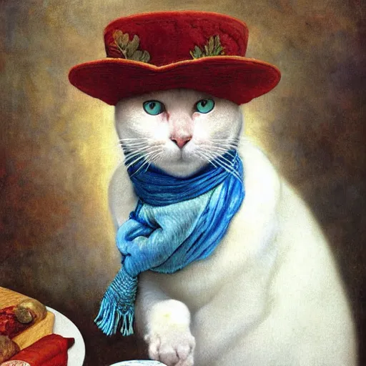 Prompt: a portrait of a male white cat with human blue eyes wearing a scarf, expensive cheese and salami on the table, titian, sam spratt, maxfield parrish, gustav klimt, tom bagshaw, mark ryden, alphonse mucha, rembrandt, high quality, painting, oil