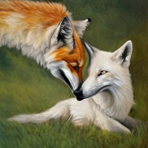 Image similar to A White Wolf kissing a Fox, oil painting