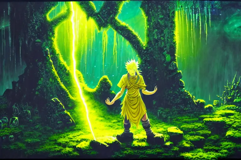 Image similar to a wanderer wearing yellow sits in meditation at an ancient shrine. mossy decrepit ruins in a forgotten land. magical leylines emit streaks of various colors of mana streams. a final fantasy concept splash oil painting of a rogue mage absorbing powers from the dungeon depths in an enchanted garden.