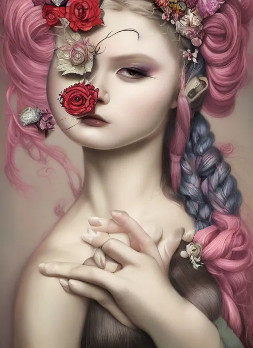 Image similar to pop surrealism, lowbrow art, realistic seductive cute woman painting, long hair, japanese shibari with flowers, hyper realism, muted colours, rococo, natalie shau, loreta lux, tom bagshaw, mark ryden, trevor brown style,