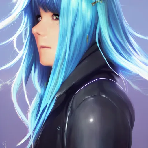 Image similar to profile shot of rimuru tempest looking forward, sky blue hair, straight hair, pretty, long bangs, gold eyes, black jacket with white stripes and a high collar, highly detailed, unreal engine 5, digital painting, glow, concept art, cinematic, wlop | artgerm, pixiv, ilya kuvshinov, greg rutkowski