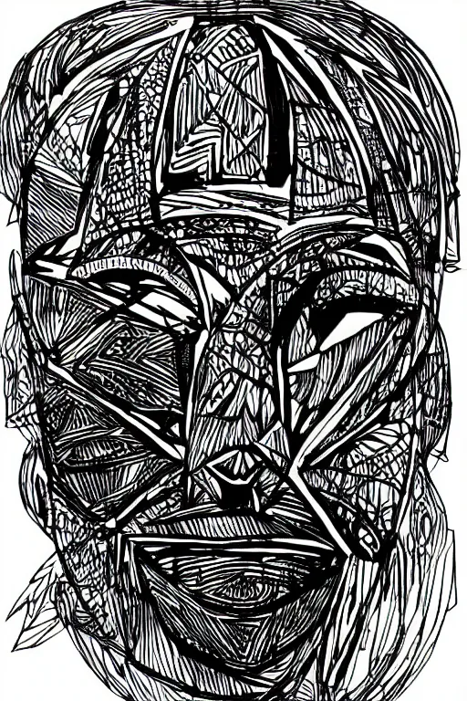 Image similar to single line sketch of elaborate tribal mask, scribble sketch, small details