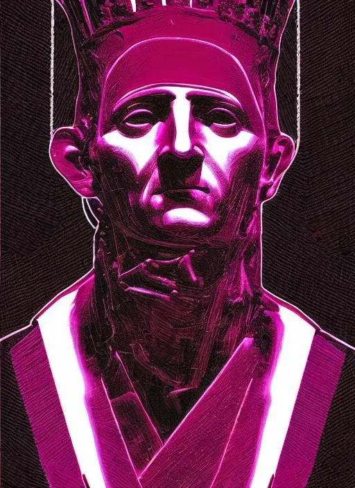 Image similar to elegant dark design poster showing a statue of julius caesar, black background with very subtle red and purple design elements, soft edges, powerful, nekro, vito acconci, thin straight purple lines, dark, glitch art, neo vaporwave, gritty, layout frame, square, trending on artstation