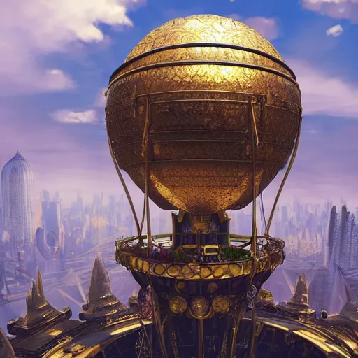 Image similar to enormous flying city in a faberge egg encircled by giant metallic petals, cloudy sky background, steampunk, fantasy art, masterpiece, unreal engine