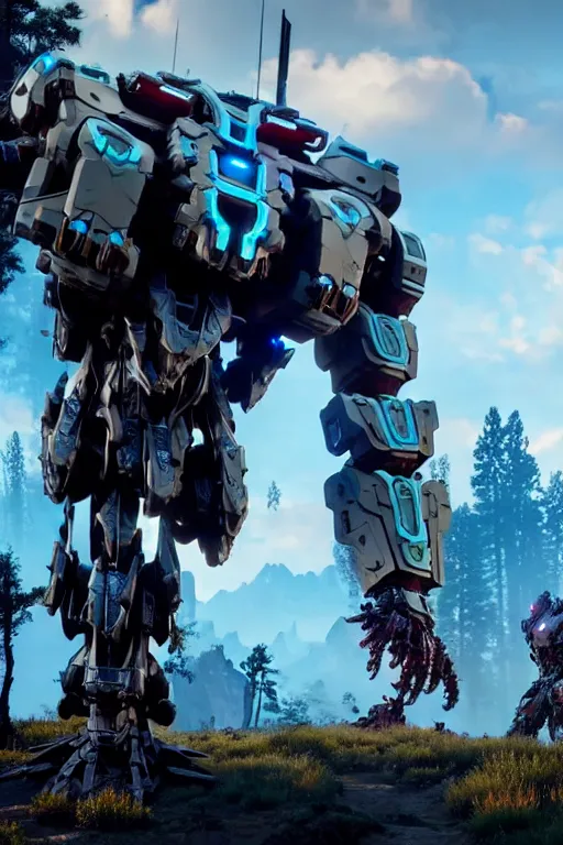 Image similar to a cinematic still from horizon zero dawn and pacific rim and westworld, full body mech, armored core, intact humanoid servo, octane render, nvidia raytracing demo, masterpiece, aged armor plating, decipticon armor plating, aggressive head, endoekeleton exposure