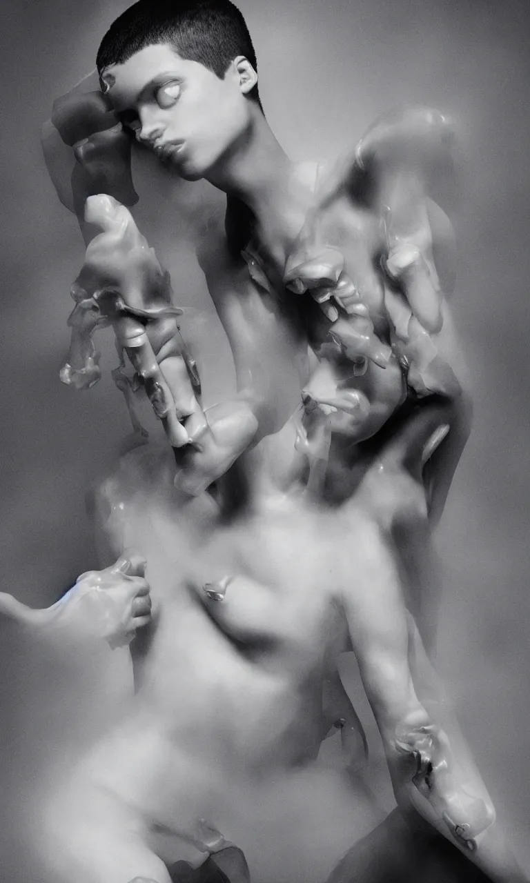 Image similar to Arca album cover, Arca emerging from the fog, Arca with opal flesh and mechanical instrument limbs