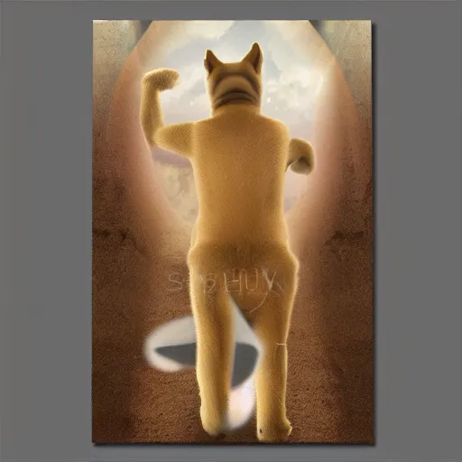 Image similar to shiba inu puppy warrior walks through a dimensional portal,back view, Fantasy Art