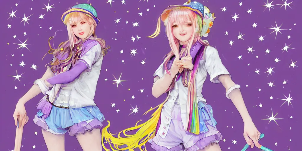 Prompt: A character sheet of a magical girl holding a paintbrush with short blond hair and freckles wearing an oversized purple Beret, Purple overall shorts, jester shoes, and white leggings covered in stars. Rainbow accents on outfit. Concept Art painting. By WLOP. By Artgerm. By Alphonse Mucha. Decora. harajuku fashion. Cosplay. E-Girl