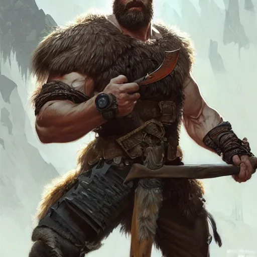 Image similar to a rugged barbarian ranger, handsome, lower body, muscular, exposed thighs, D&D, fantasy, intricate, elegant, highly detailed, digital painting, artstation, concept art, matte, sharp focus, illustration, art by Artgerm and Greg Rutkowski and Alphonse Mucha