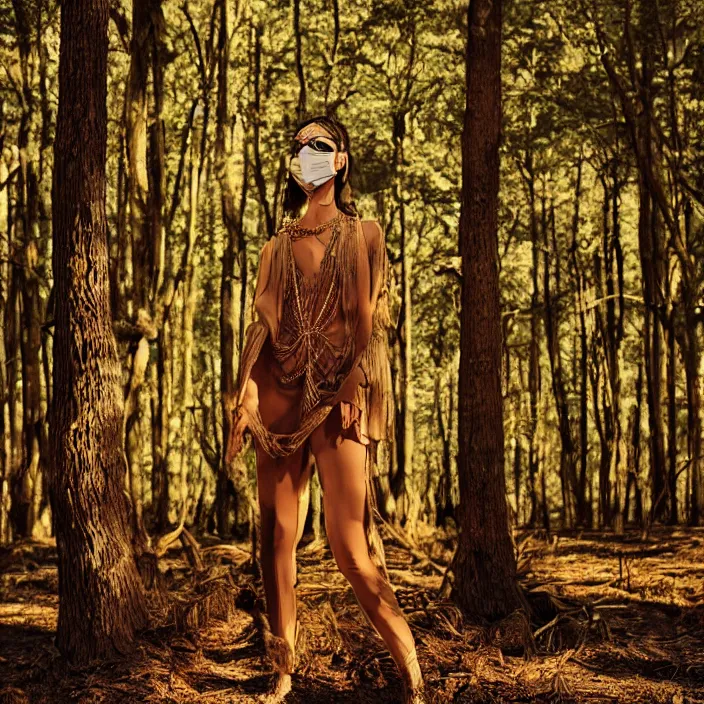 Image similar to a woman with a mask made of sand standing in a forest, golden hour, vogue magazine