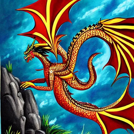 Prompt: beautiful painting kf a dragon guarding a cave