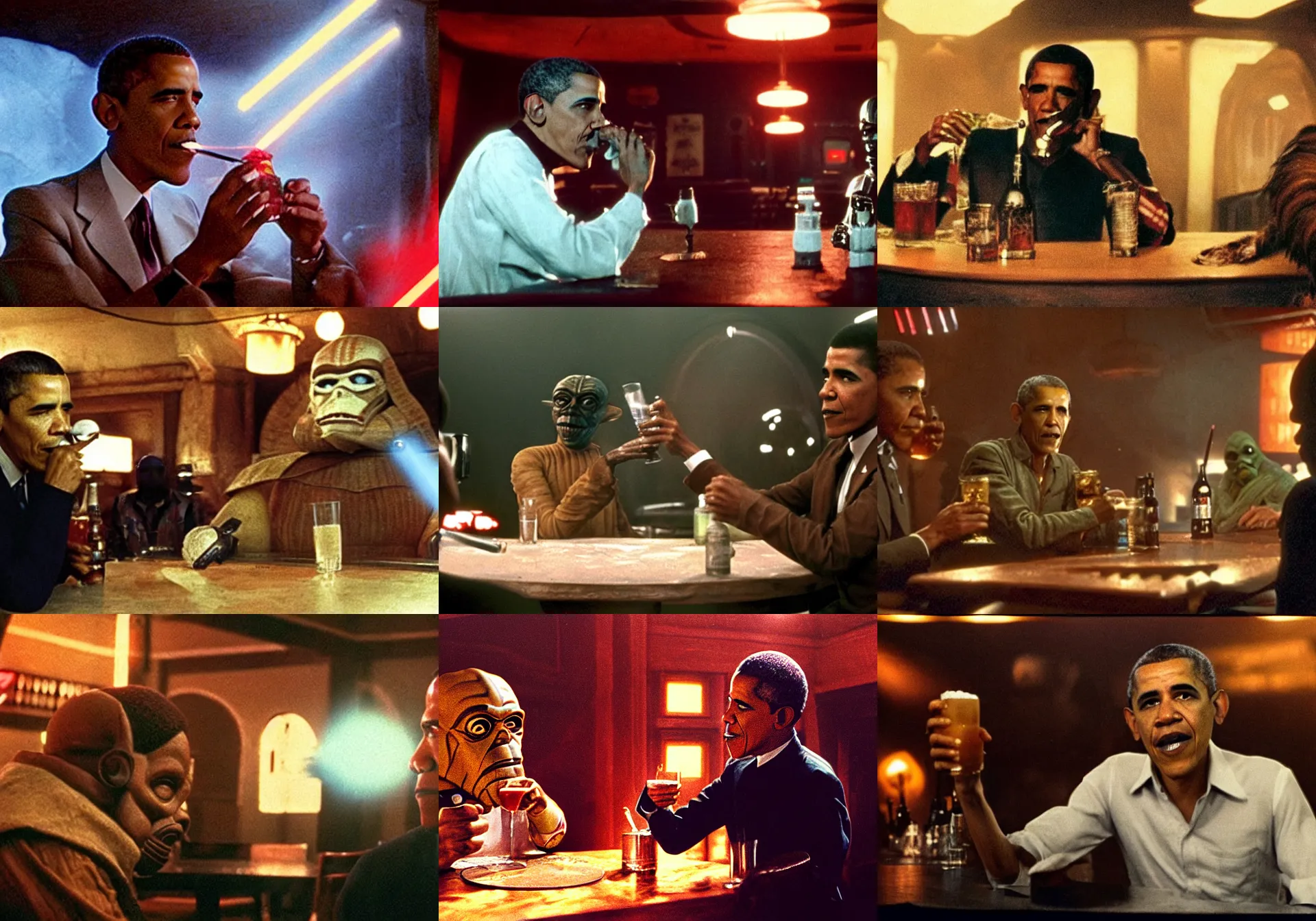 Prompt: A long-shot, color cinema film still of a Obama drinking alcohol in the Mos Eisley's Tavern, very angry, Two aliens around, misty, studio lighting; from Star Wars(1977)