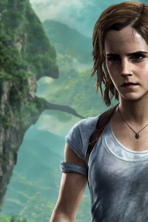 Prompt: Emma Watson in Uncharted 4. 3D Render