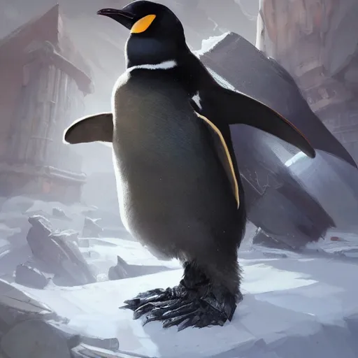 Image similar to Steps 100 a DnD character powerful powerful penguin with read eyes who is legendary blacksmithl, smithing diamond sword, hyperdetailed concept art by Ross Tran and Greg Rutkowski, high quality DnD illustration, trending on ArtStationHQ, 8k