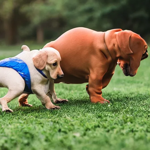 Image similar to A tardigrade and a daschund play together in a dog park