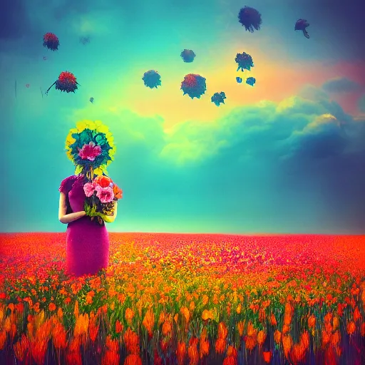 Prompt: woman with a flower head standing in flower field, surreal photography, photo manipulation, sunrise, impressionist painting, colorful clouds, artstation, simon stalenhag