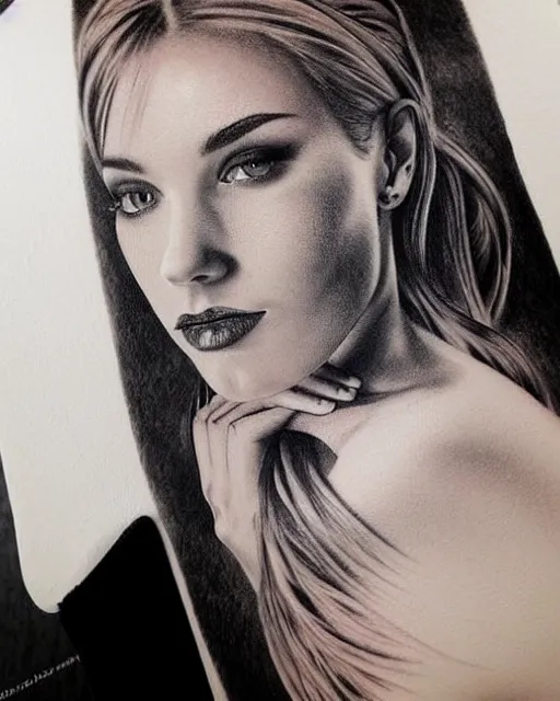 Prompt: tattoo design sketch of a blend between a beautiful woman face and beautiful mountains, hyper - realistic, in the style of den yakovlev, amazing detail, black and white