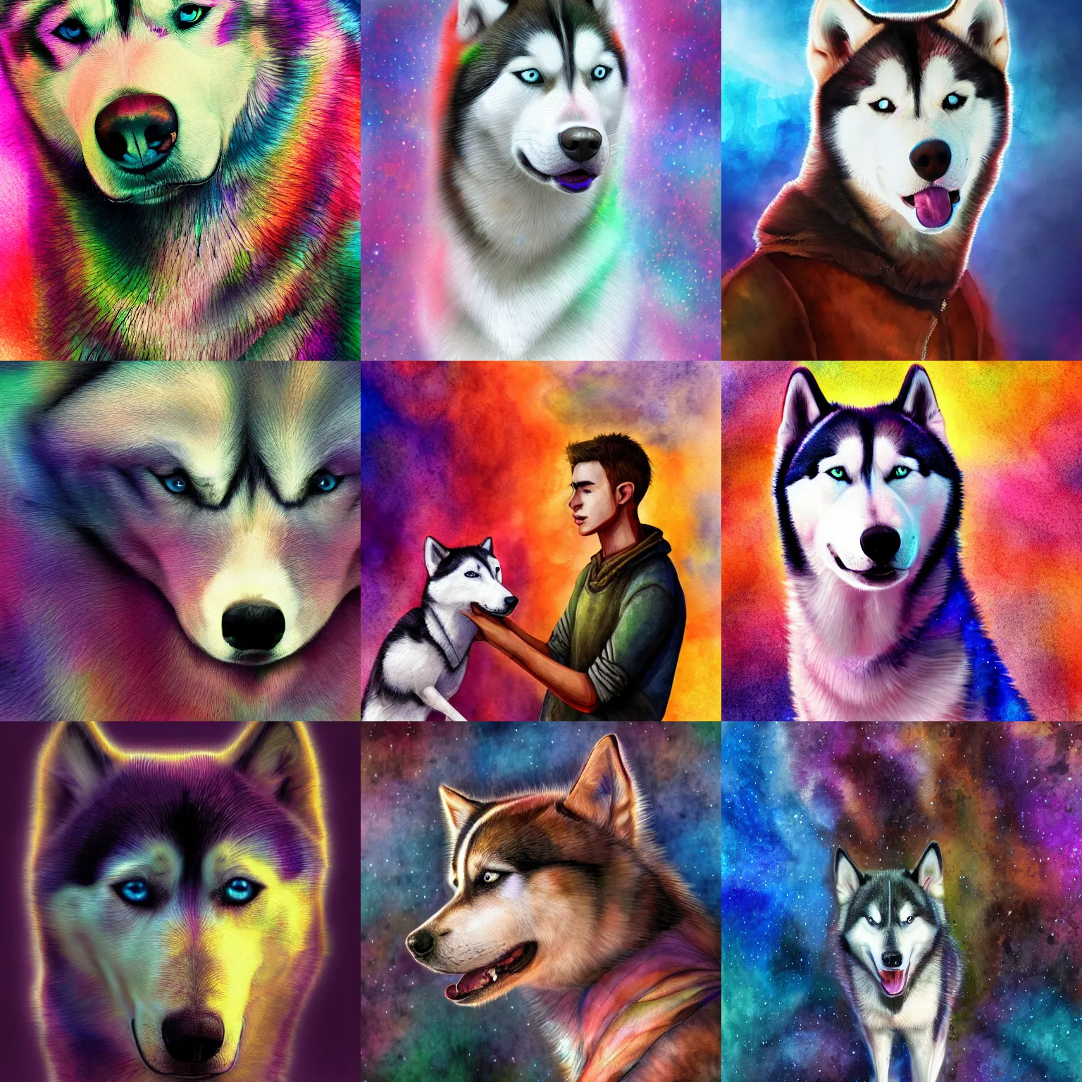 Prompt: young man surrounded by an aura of emotions personified by huskies, rich iridescent colors, digital art, very detailed, watercolor, 4 k hd
