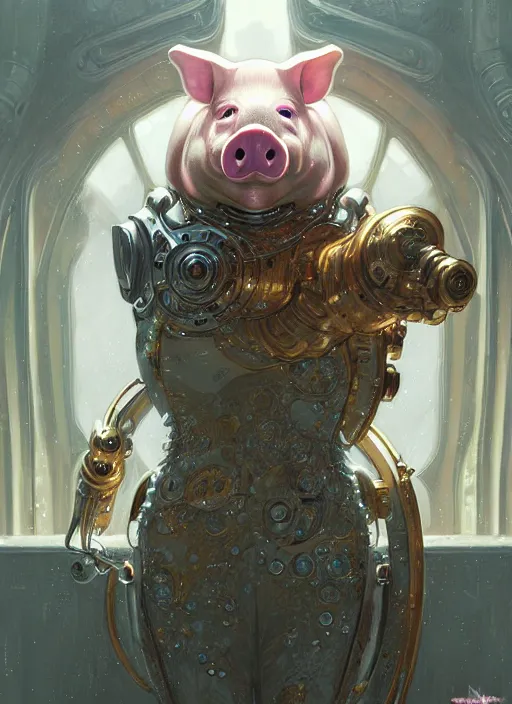 Image similar to robotic pig, d & d, wet, shiny, fantasy, intricate, elegant, extremely higly detailed, ultra definition, digital painting, artstation, baroque, concept art, smooth, sharp focus, illustration, art by artgerm and greg rutkowski and alphonse mucha