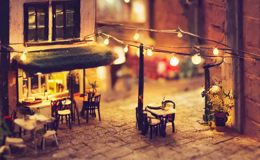 Image similar to mini cafe diorama macro photography, cafe for felted animals, alleyway, ambient, atmospheric photograph, string lights, romantic