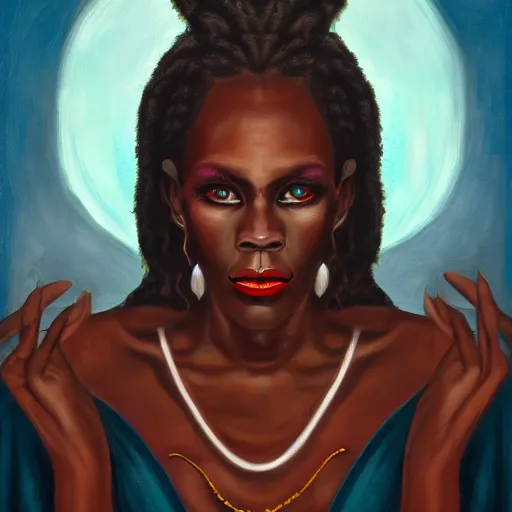 Image similar to a symmetrical portrait of a voodoo witch, oil painting, pale colors, high detail, 8 k, wide angle, trending on artstation,