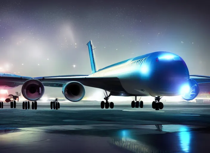 Image similar to immense futuristic jet plane arrives at runway of cyberpunk airport at night ,cinematic lighting, concept art