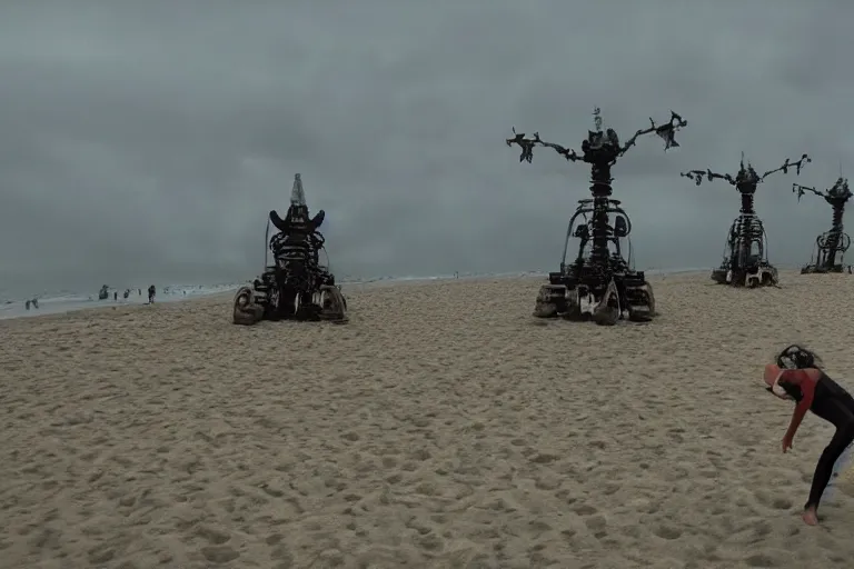 Image similar to cinematography evil demon robots climbing out of the sand on the beach in Santa Monica by Emmanuel Lubezki