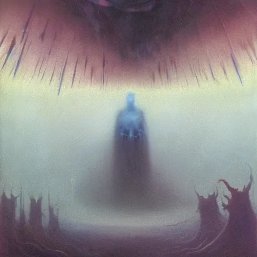 Prompt: wizard with shadowed face blue robes and pointed hat casting glowing beam spells in an abyssal rift, surrounded by horde of terrible monsters approaching, painting by zdislaw beksinski, 8k, fantasy art, detailed, epic