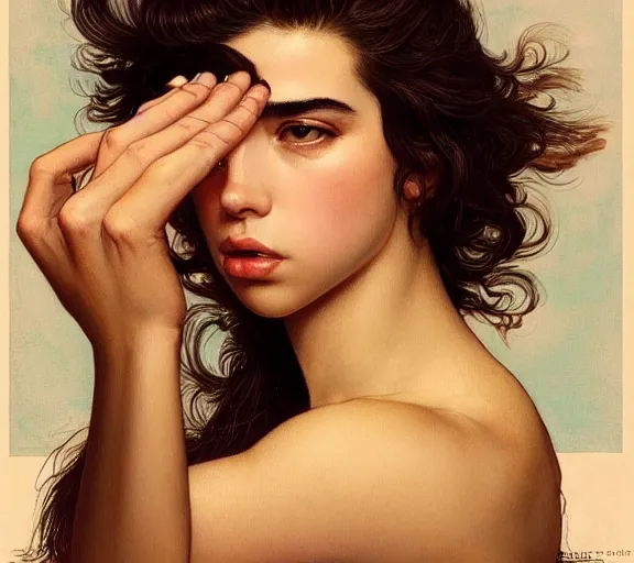 Image similar to photography dualipa with hands - up and hairy armpits, deep focus, intricate, elegant, highly detailed, digital painting, artstation, concept art, matte, sharp focus, illustration, art by artgerm and greg rutkowski and alphonse mucha and gil elvgren