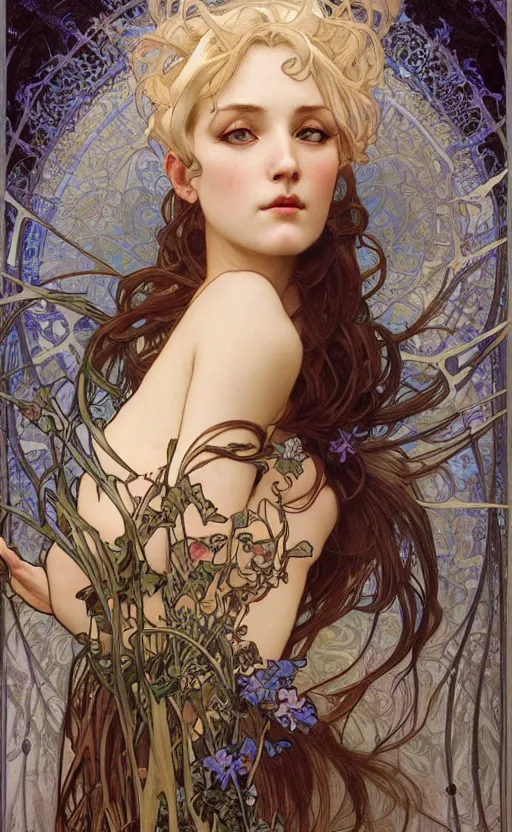 Prompt: hyper-realistic detailed face portrait of Mature woman by Alphonse Mucha, Ayami Kojima, Amano, Charlie Bowater, Karol Bak, Greg Hildebrandt, Jean Delville, and Mark Brooks, Art Nouveau, Neo-Gothic, gothic, rich deep moody colors