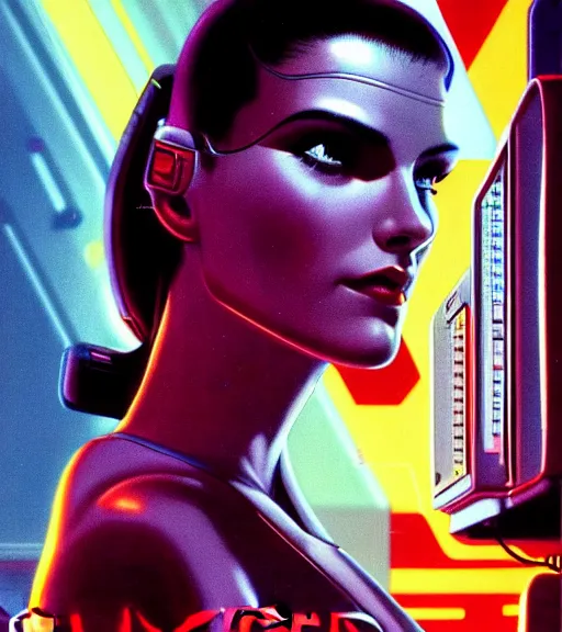 Image similar to cable plugged in, side of head, very very beautiful woman, cyberdeck computer terminal, 1 9 7 9 omni magazine cover, style by vincent di fate, cyberpunk 2 0 7 7, very coherent, detailed, 4 k resolution, unreal engine, daz