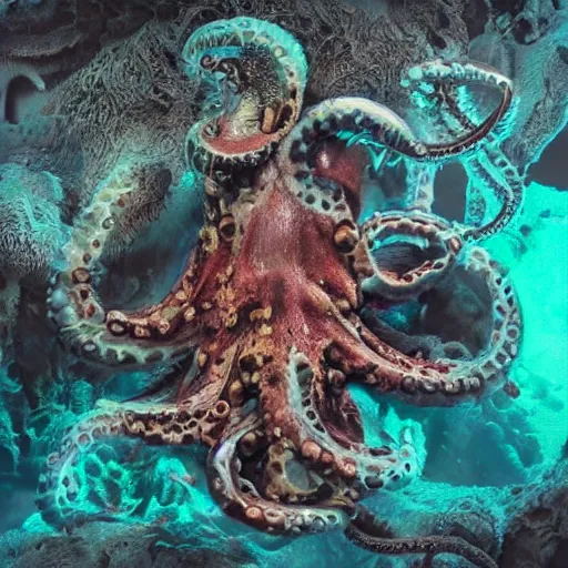 Image similar to octopus made out of evil skull with horns, beautiful underwater nature photograph with dynamic lighting and murky water