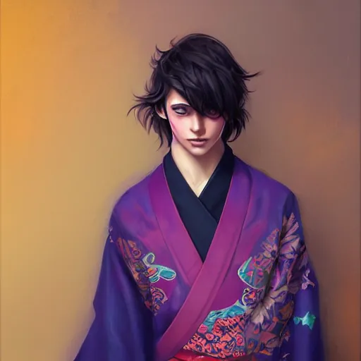 Image similar to colorful and festive captivating teenager boy with straight indigo hair, purple eyes with red eye markers, slim body, wearing a detailed japanese kimono. rich vivid colors, ambient lighting, dynamic lighting, 4 k, atmospheric lighting, painted, intricate, highly detailed by charlie bowater