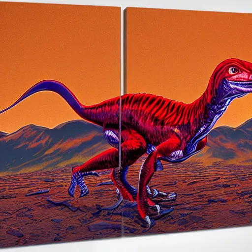 Image similar to red velociraptor on a magnificent colorful planet moebius style