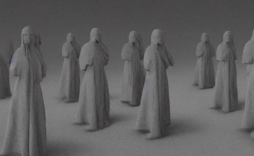 Image similar to screenshot of multiple grey Jedi statues by Zdzisław Beksiński, from 1970s star wars film thriller directed by Stanley Kubrick, iconic scene, 4k UHD still frame, windy hair, cinematic lighting, stunning cinematography, hyper detailed scene, anamorphic lenses, kodak color film stock