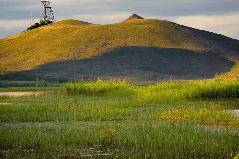 Prompt: a hill with a radio tower next to a pond, hills in background. telephoto lens photography.