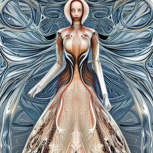 Image similar to a beautiful arabian woman wearing a futuristic dress by alexander mcqueen, artgerm, alex gray, android jones, fashion show, futuristic, organic dress, seamless pattern, concept art, fantasy