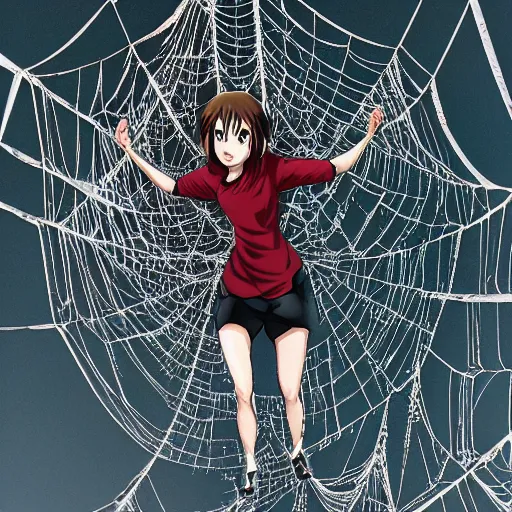 Prompt: anime emma watson hanging from and trapped in a giant spider web