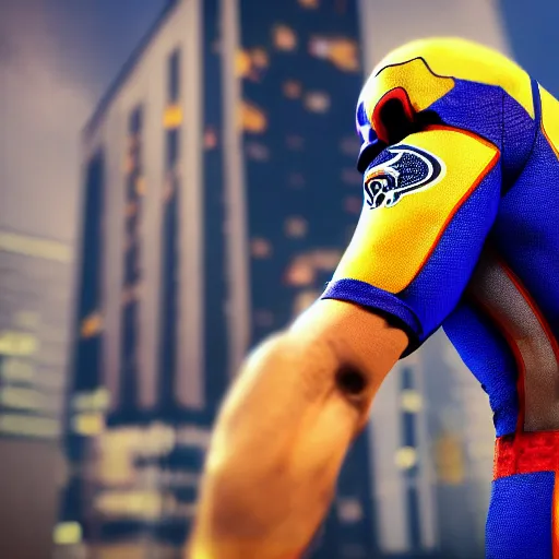 Prompt: a closeup photorealistic photograph of a spider man themed la rams football player. professional capture. bright scene. this 4 k hd image is trending on artstation, featured on behance, well - rendered, extra crisp, features intricate detail, epic composition and the style of unreal engine.