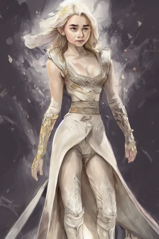 Image similar to Emilia Clarke wearing Yang Xiao Long outfit from Rwby, cute, fantasy, intricate, elegant, highly detailed, digital painting, 4k, HDR, concept art, smooth, sharp focus, illustration, art by artgerm and H R Giger