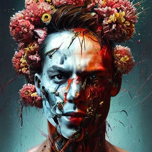 Image similar to art portrait of a man with flowers exploding out of head, cameras, decaying ,8k,by tristan eaton,Stanley Artgermm,Tom Bagshaw,Greg Rutkowski,Carne Griffiths, Ayami Kojima, Beksinski, Giger,trending on DeviantArt,face enhance,hyper detailed,minimalist,cybernetic, android, blade runner,full of colour,