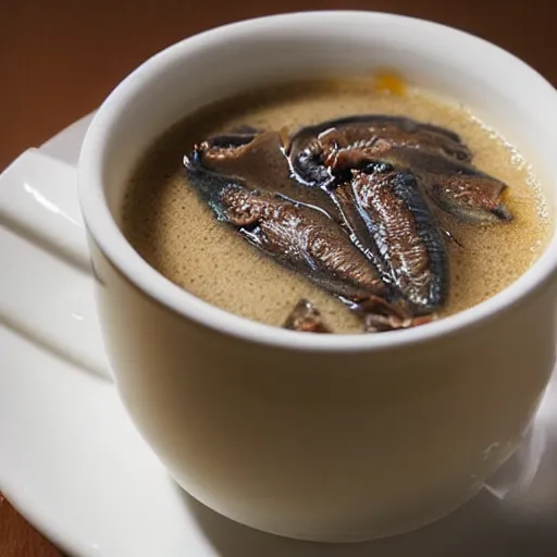 Image similar to anchovies sunk in a white porcelain cup of milk tea, macro restaurant photo