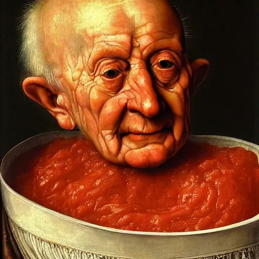 Image similar to a 9 0 year old boy sitting in a tub full of tomato sauce, a lot of cabbage, by giuseppe arcimboldo and ambrosius benson, renaissance, portrait, fruit, intricate and intense oil paint, realistic